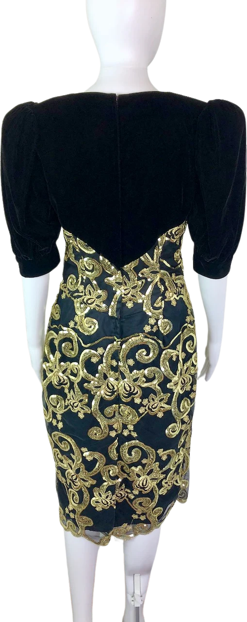 80s Black Velvet And Lame Cocktail Party Dress By Jessica McClintock - Image 2