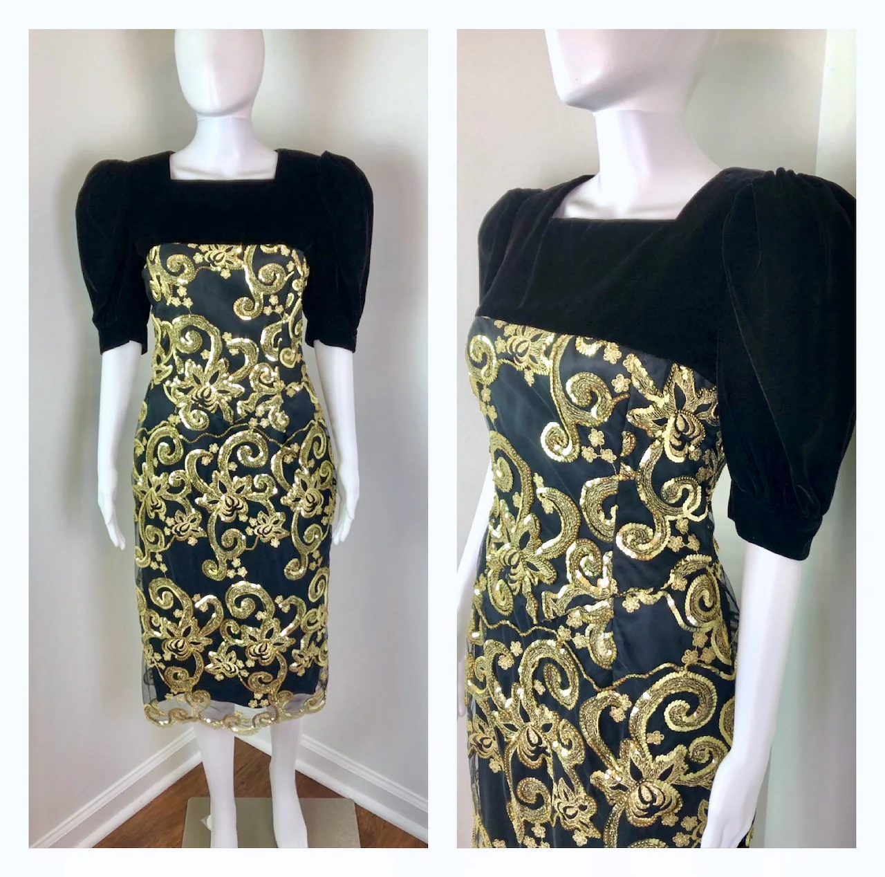 80s Black Velvet And Lame Cocktail Party Dress By Jessica McClintock - Image 3