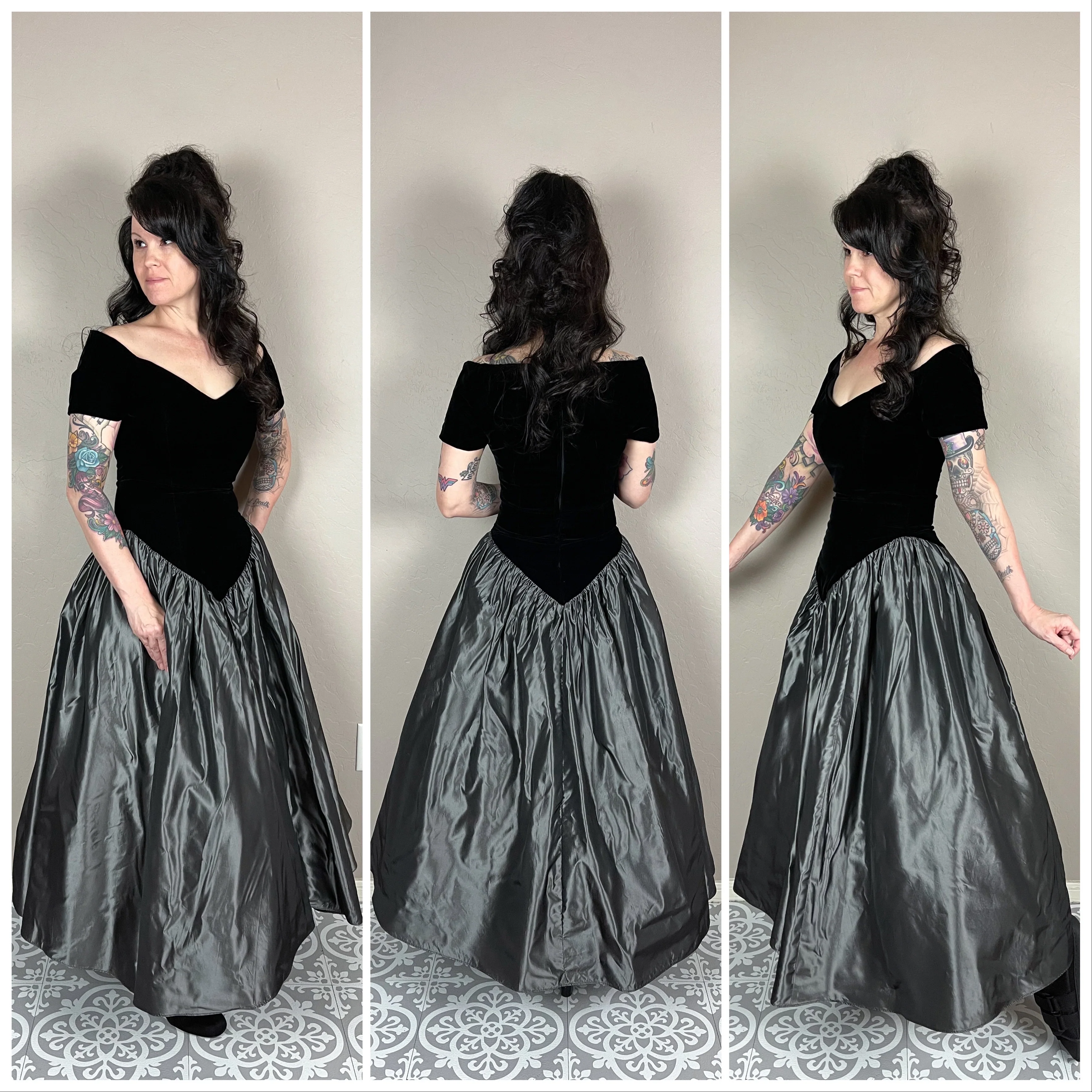 80s Black Velvet And Silver Off Shoulder Party Dress By Loralie - Image 3