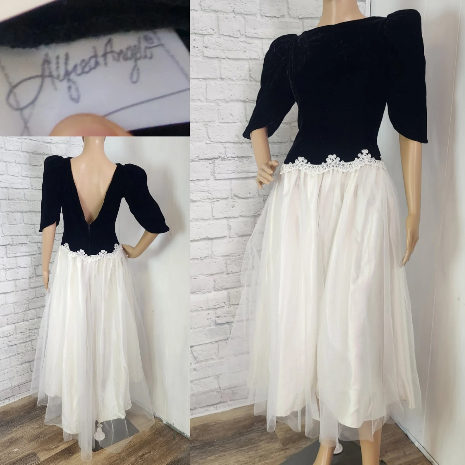 80s Black Velvet And White Rulle Party Prom Dress By Alfred Angelo - Image 3