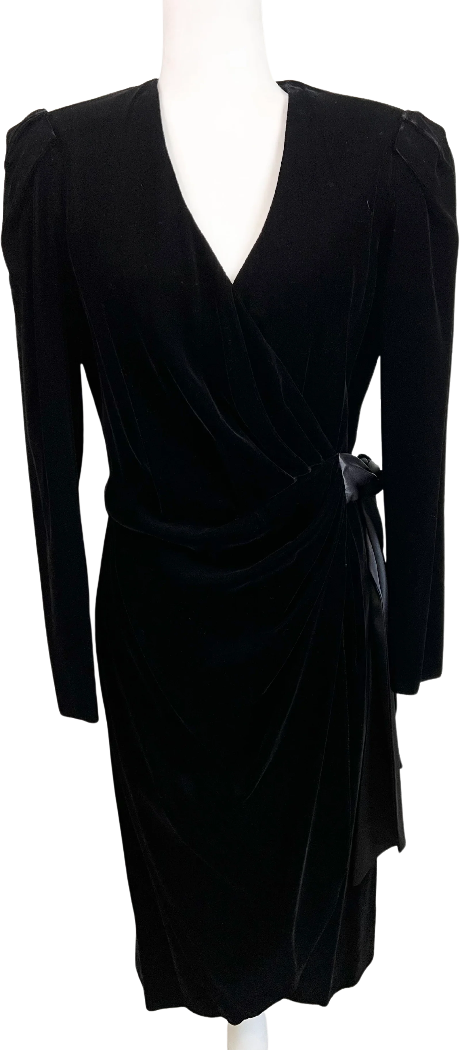 80s Black Velvet Wrap Goddess Drape Long Sleeves Dress By Di Nuovo