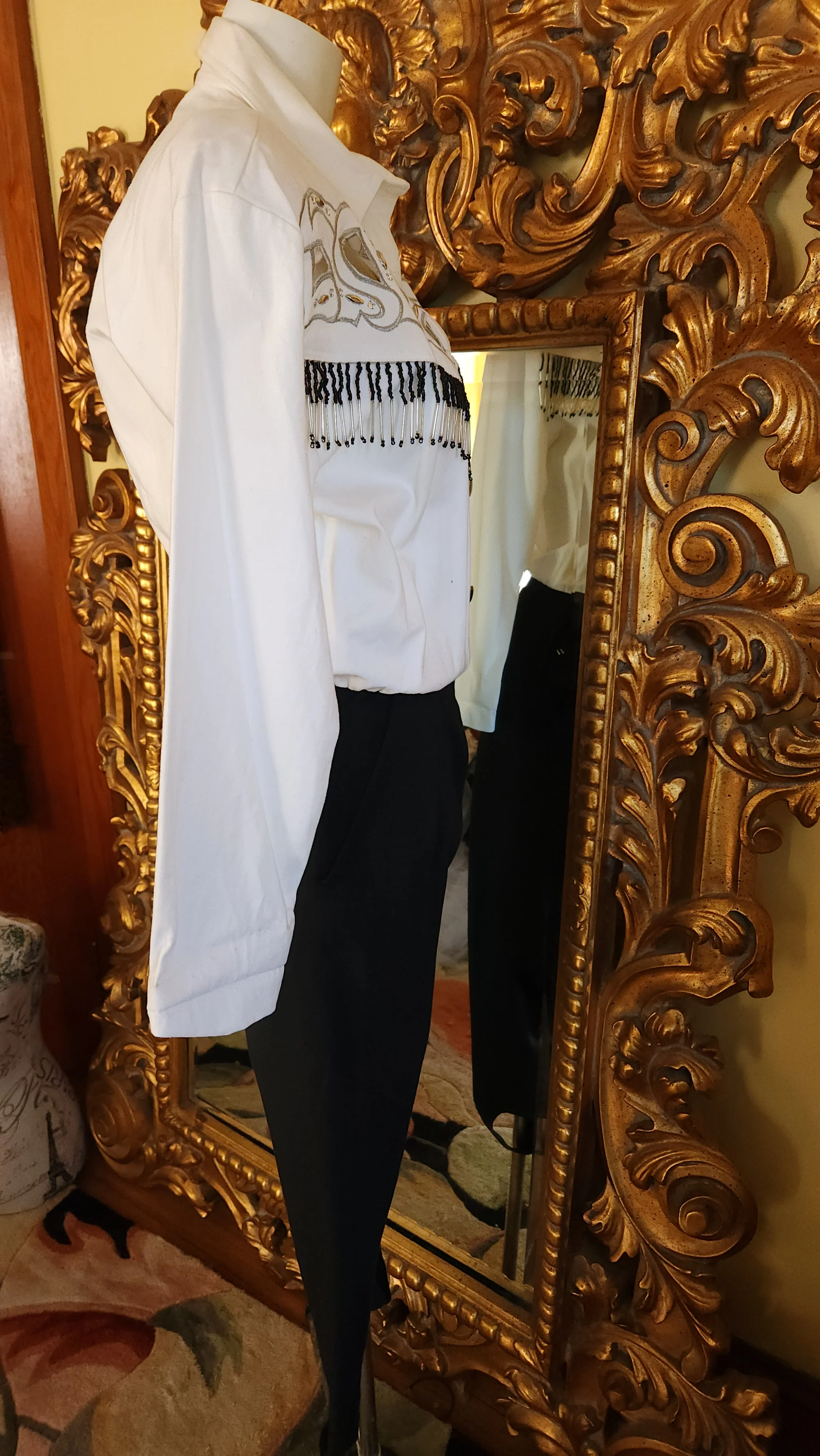 80s Black White Western Style Fringed Stirrup Jumpsuit By Caché - Image 3