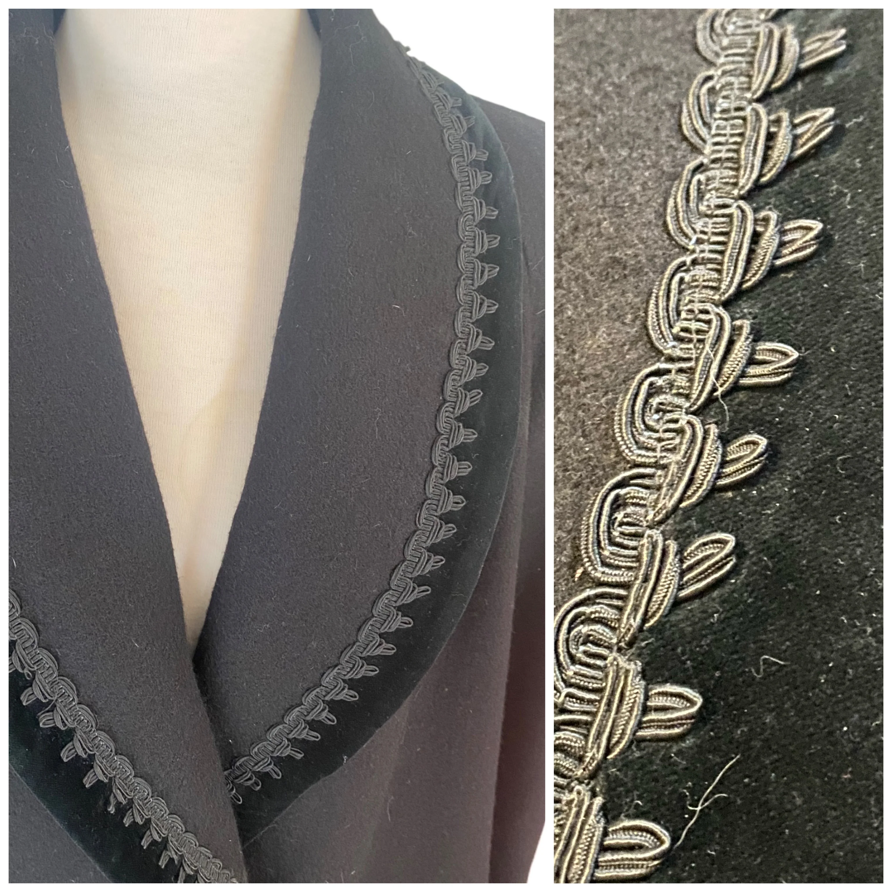 80s Black Wool Dress Coat Velvet Collar Braiding Xl By Lady Suzette - Image 3