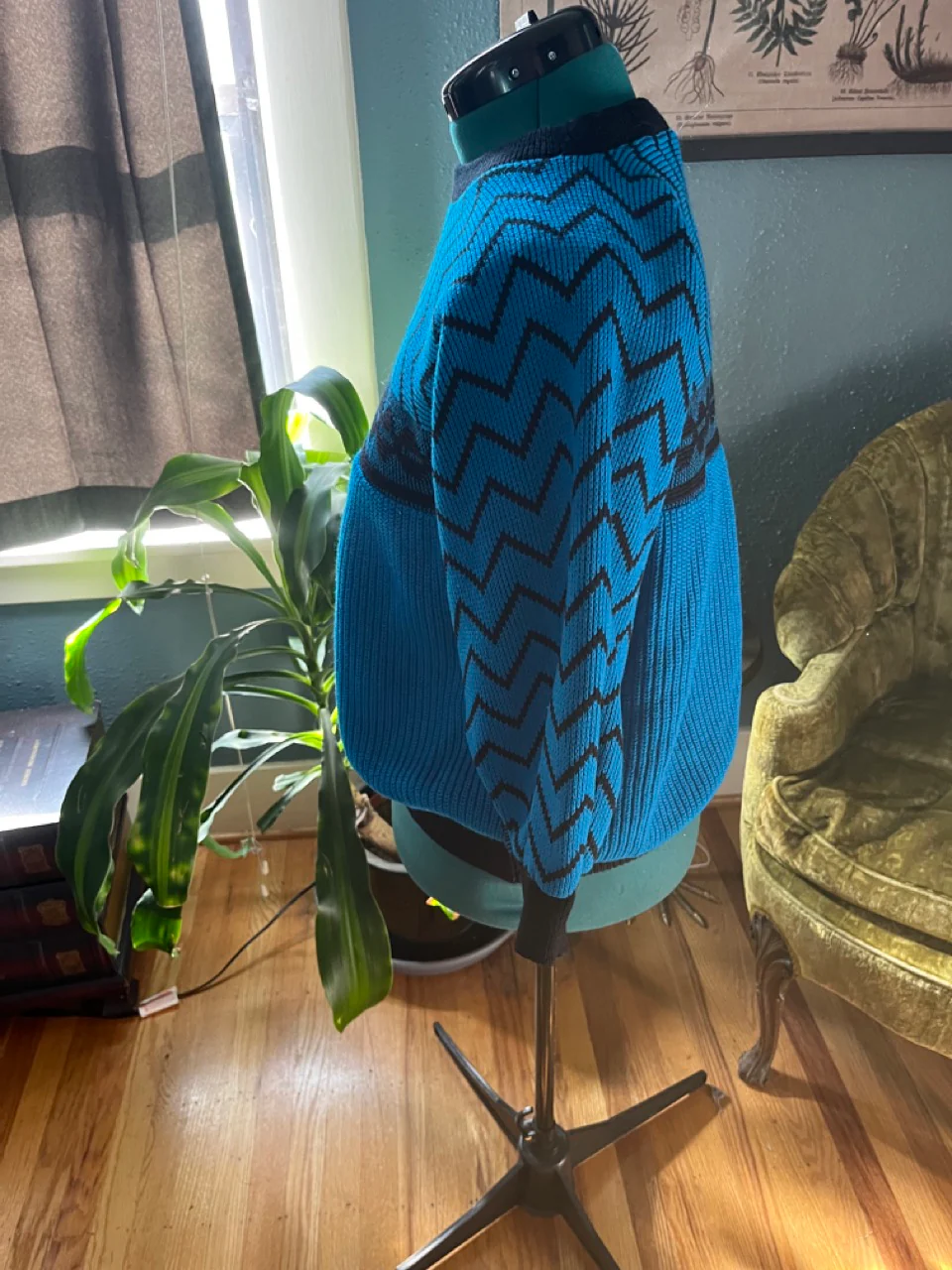 80s Blue And Black Acrylic Geometric Crew Neck Sweater By 6789 Measure Up - Image 4
