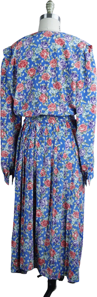 80s Blue And Pink Rose Shirtwaist Dress By Leslie Fay - Image 2