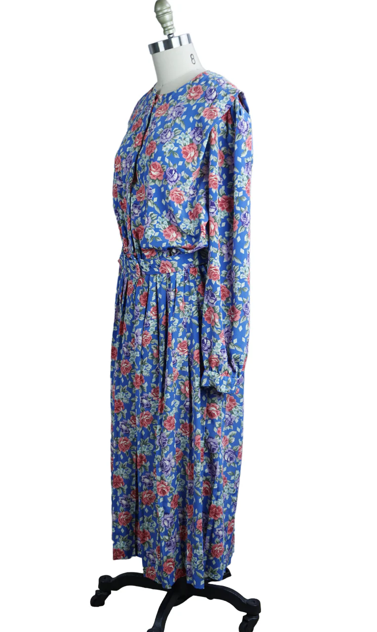 80s Blue And Pink Rose Shirtwaist Dress By Leslie Fay - Image 4