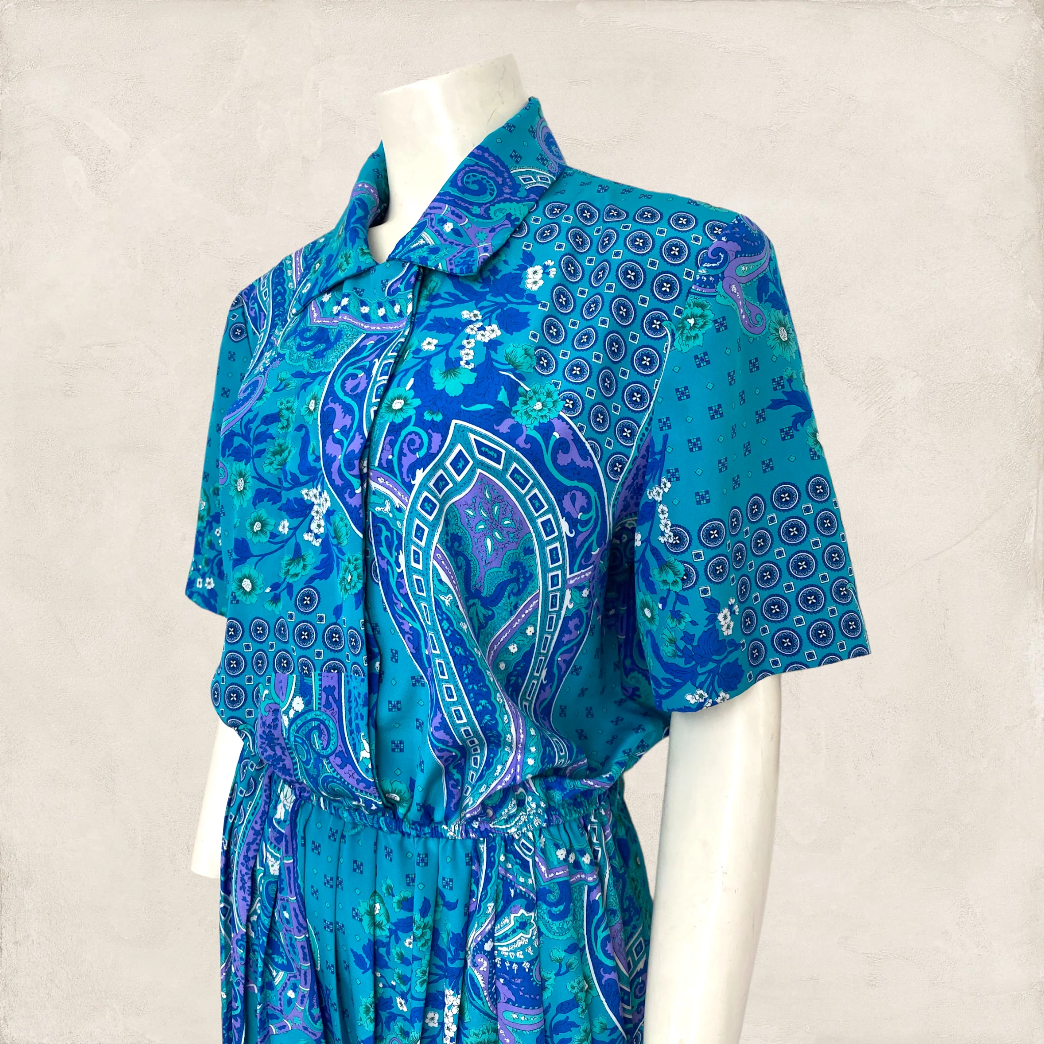 80s Blue And Purple Paisley And Floral Midi Dress By Leslie Faye - Image 3