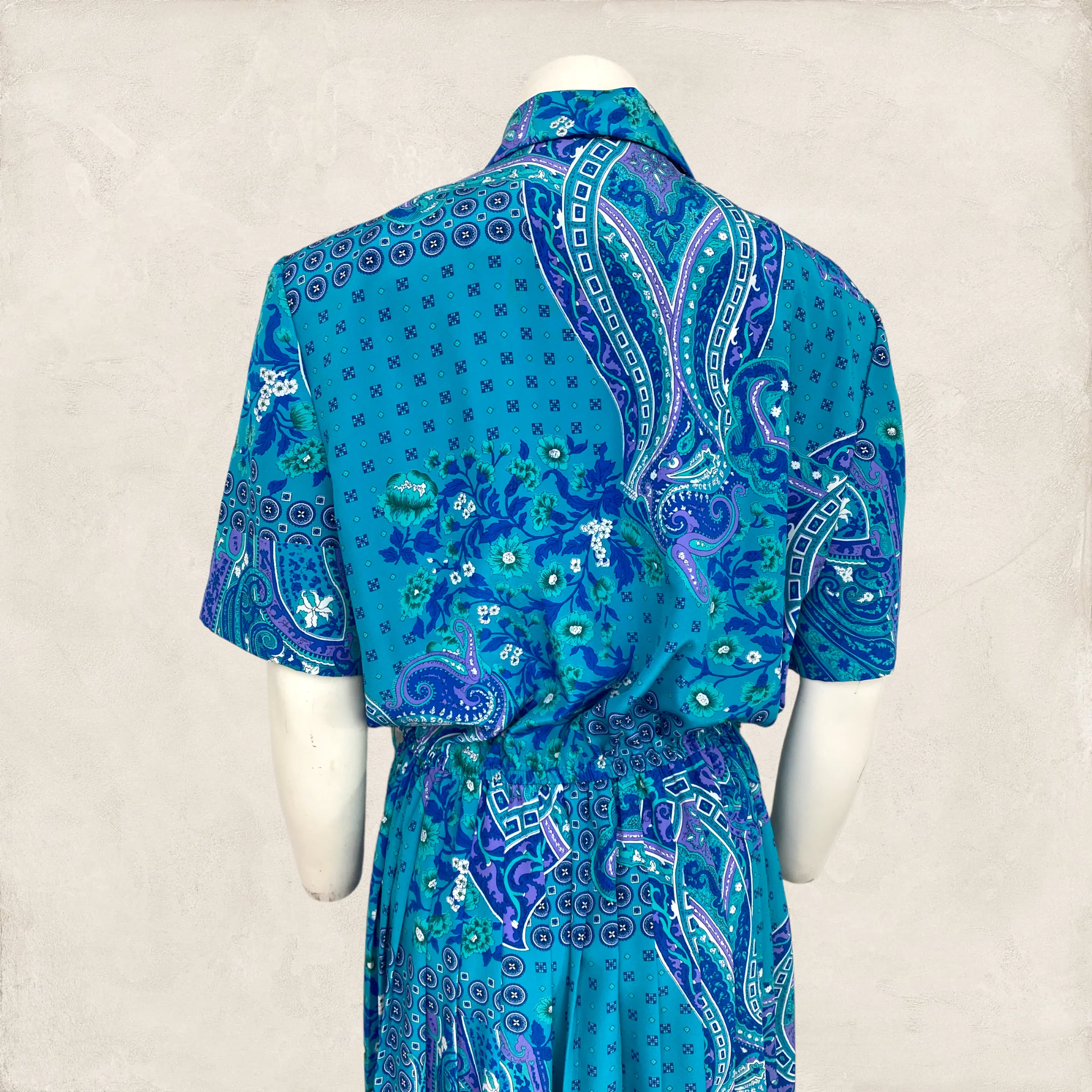 80s Blue And Purple Paisley And Floral Midi Dress By Leslie Faye - Image 4