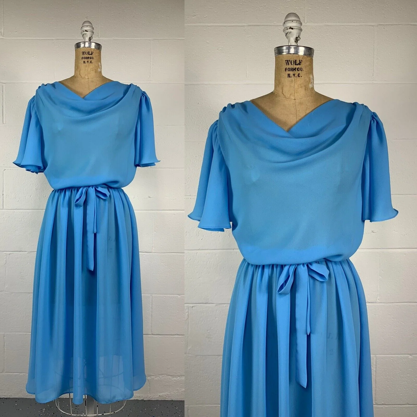 80s Blue Crepe Cowl Neck Flutter Sleeve Cocktail Dress By Boston Maid - Image 3