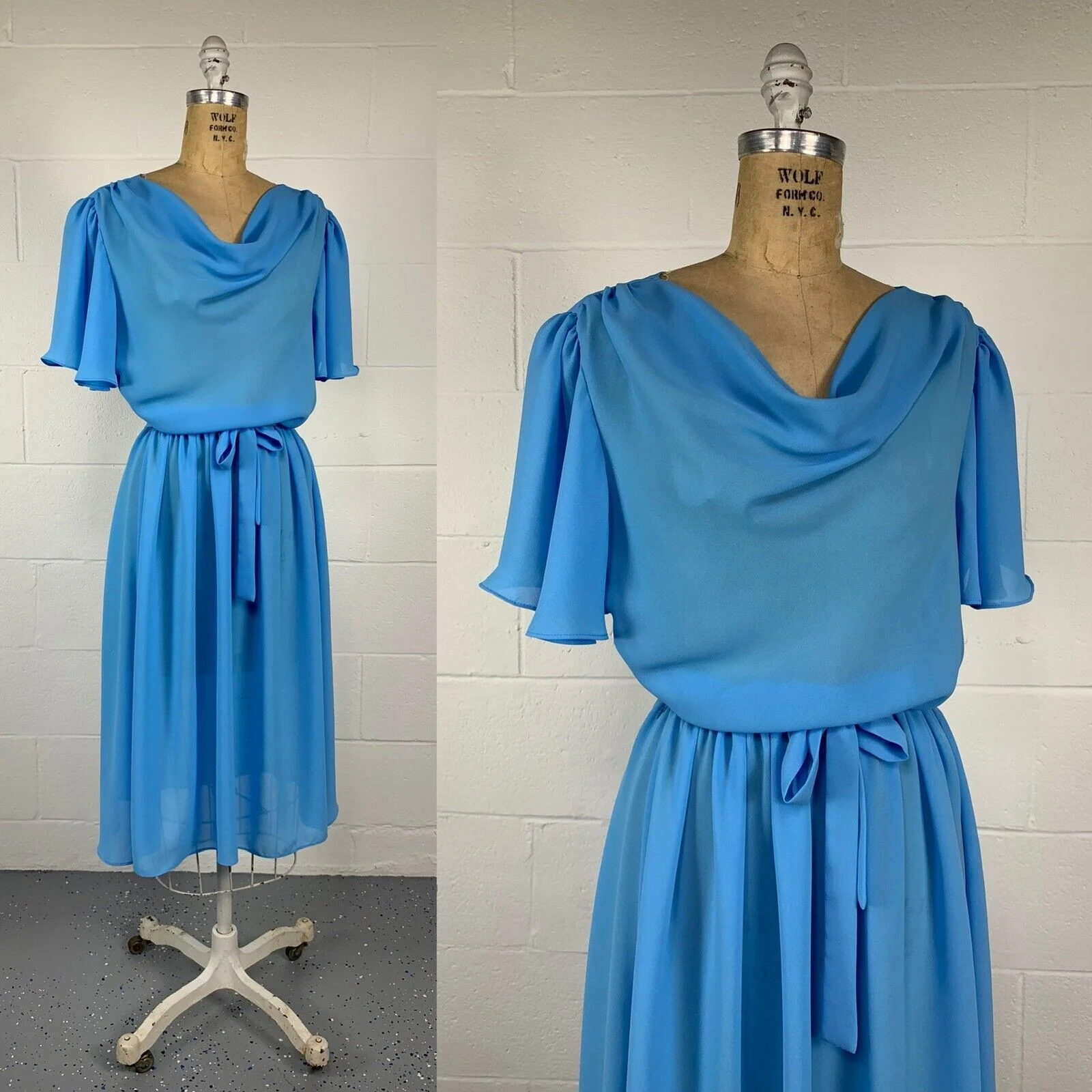 80s Blue Crepe Cowl Neck Flutter Sleeve Cocktail Dress By Boston Maid - Image 4