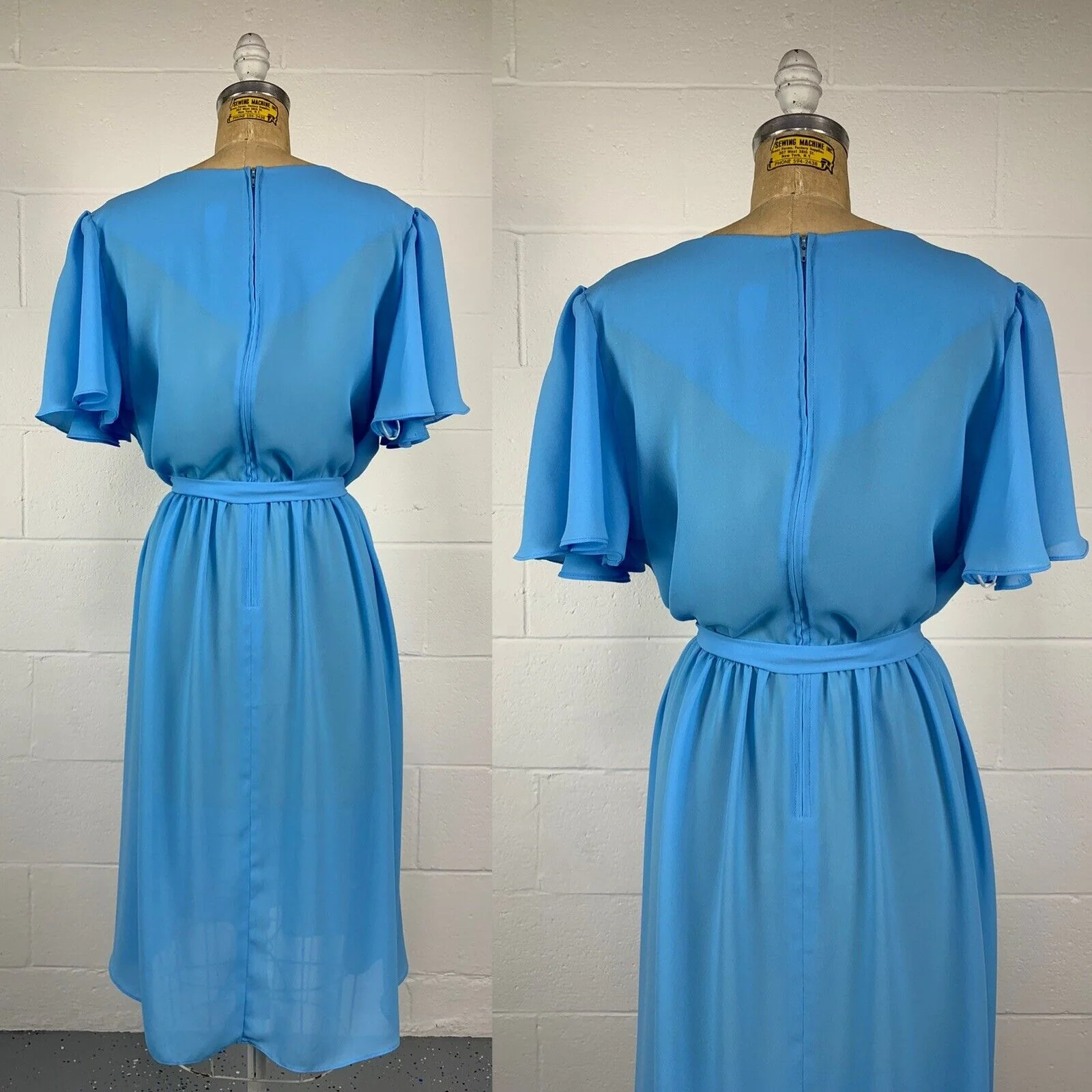 80s Blue Crepe Cowl Neck Flutter Sleeve Cocktail Dress By Boston Maid - Image 6