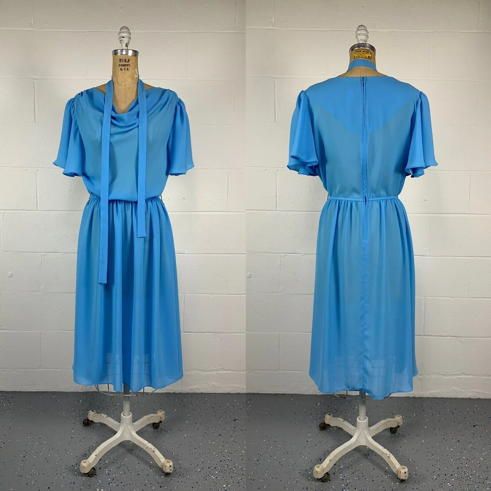 80s Blue Crepe Cowl Neck Flutter Sleeve Cocktail Dress By Boston Maid - Image 7