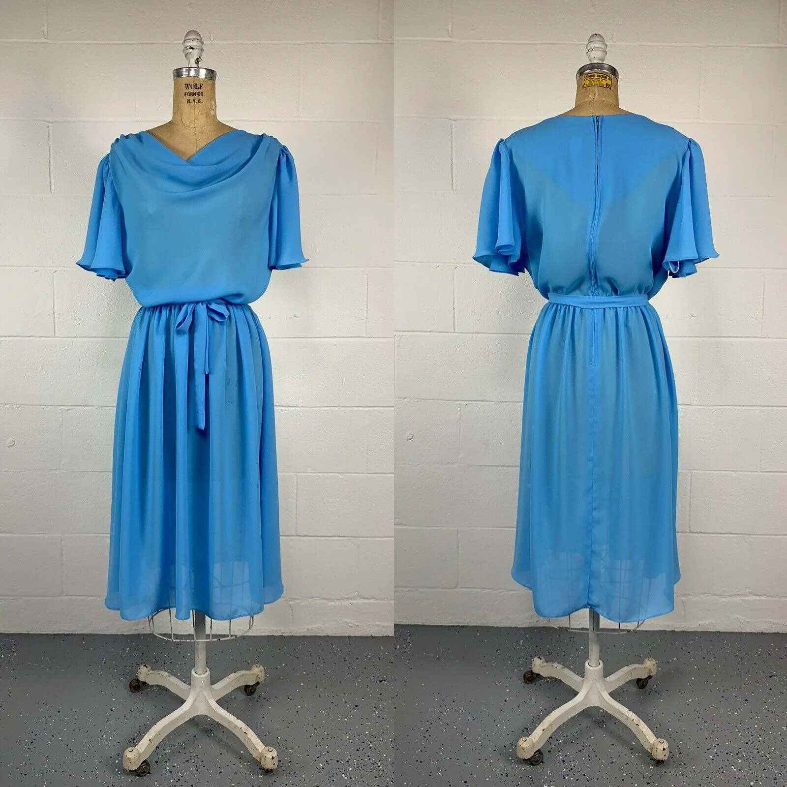 80s Blue Crepe Cowl Neck Flutter Sleeve Cocktail Dress By Boston Maid - Image 9