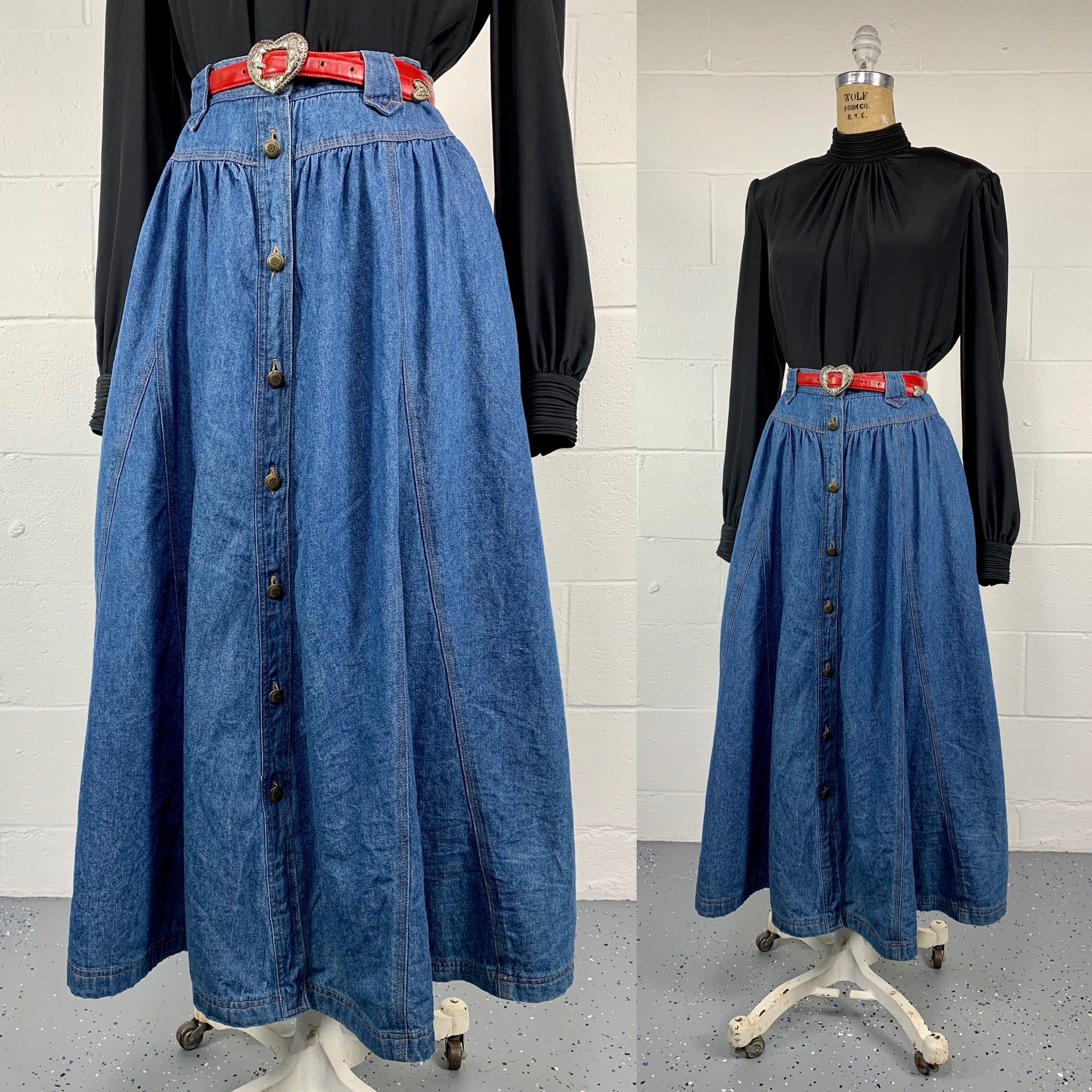 80s Blue Denim Box Pleat Basque Waist Western Skirt By Chaus Sport - Image 4