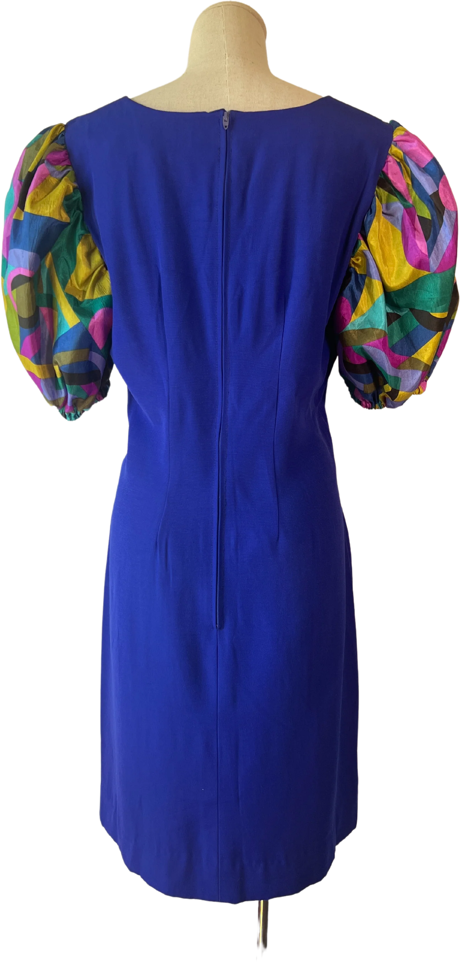 80s Blue Geometric Patterned Puff Sleeve Dress - Image 2