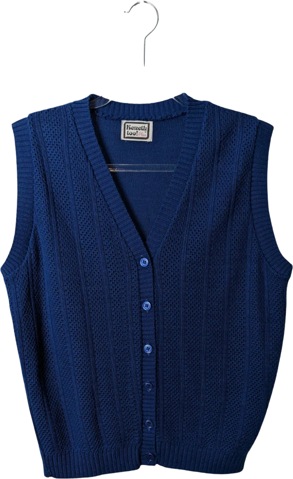 80s Blue Knit Sweater Vest V-neck Button Open Weave By Kenneth Too! Plus