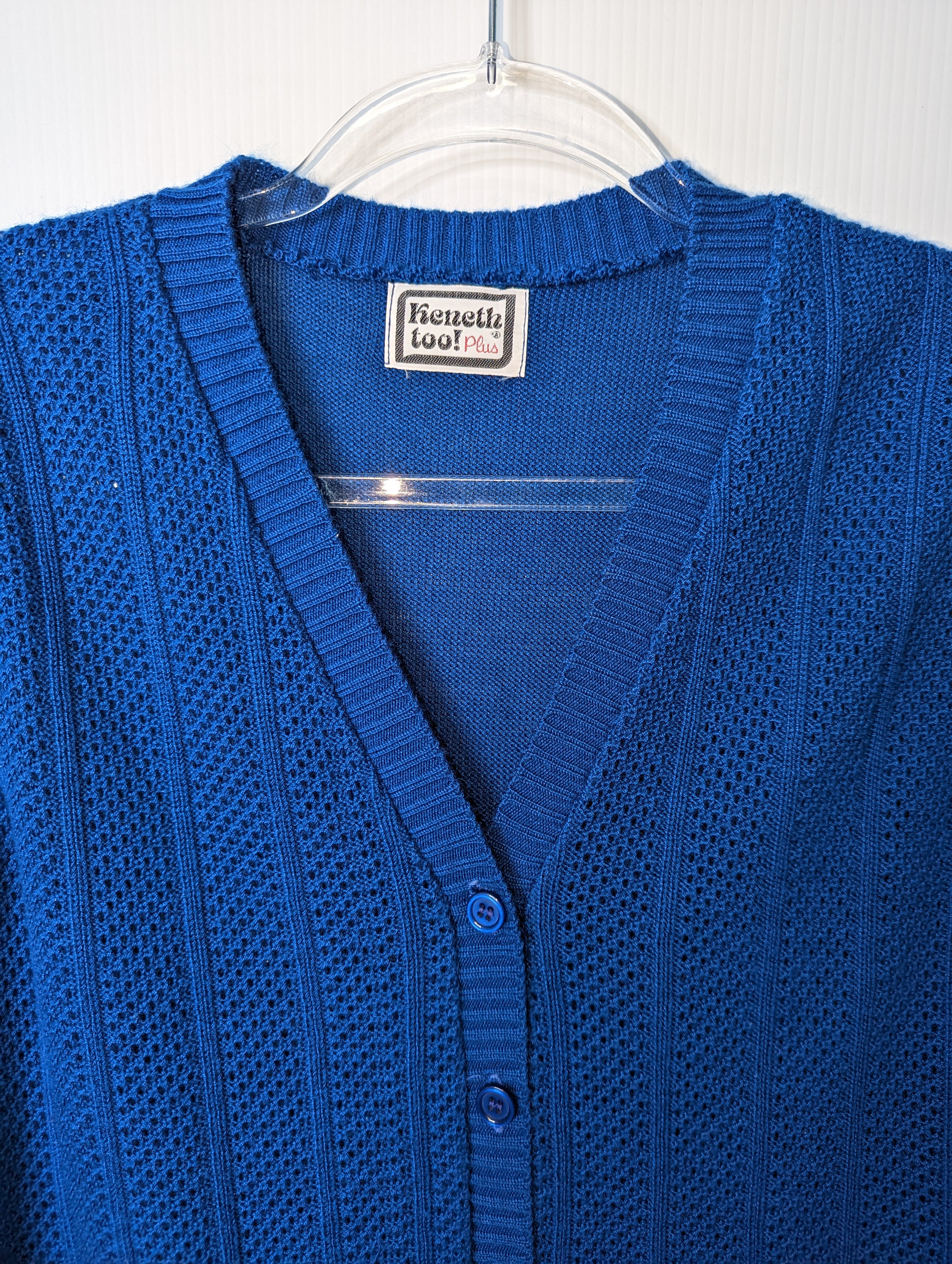 80s Blue Knit Sweater Vest V-neck Button Open Weave By Kenneth Too! Plus - Image 6