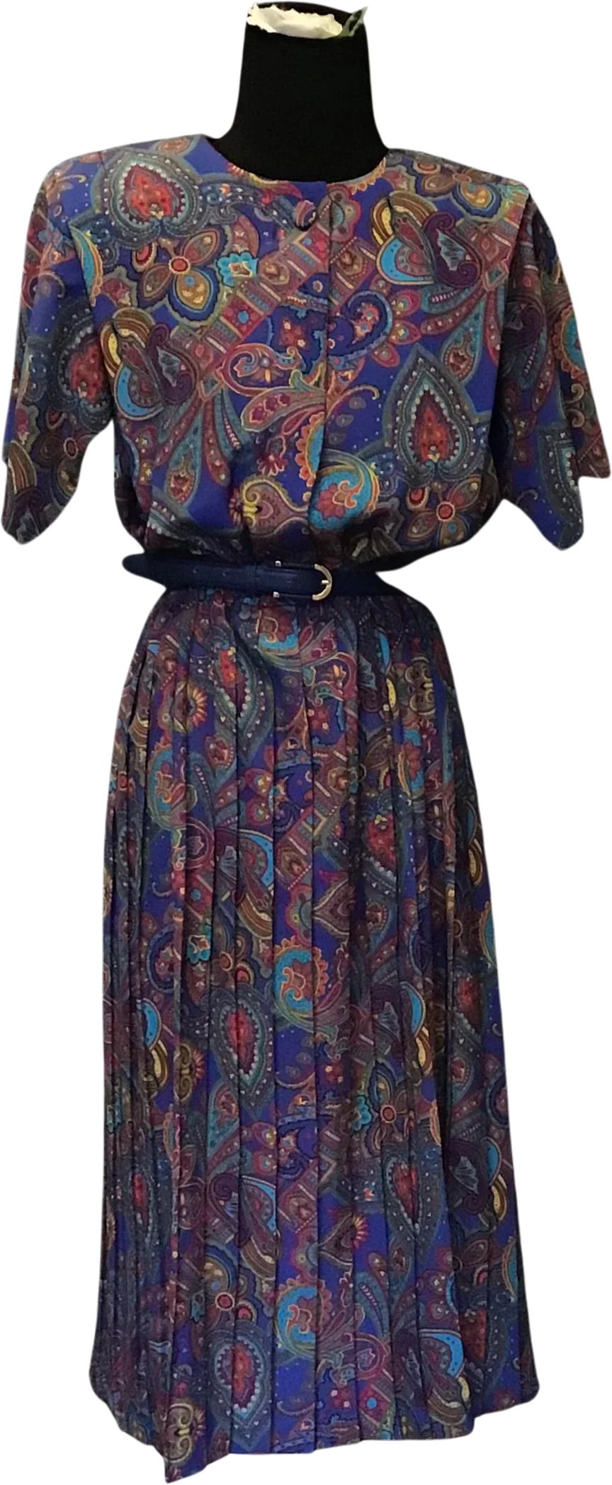 80s Blue Paisley Dress By Leslie Fay