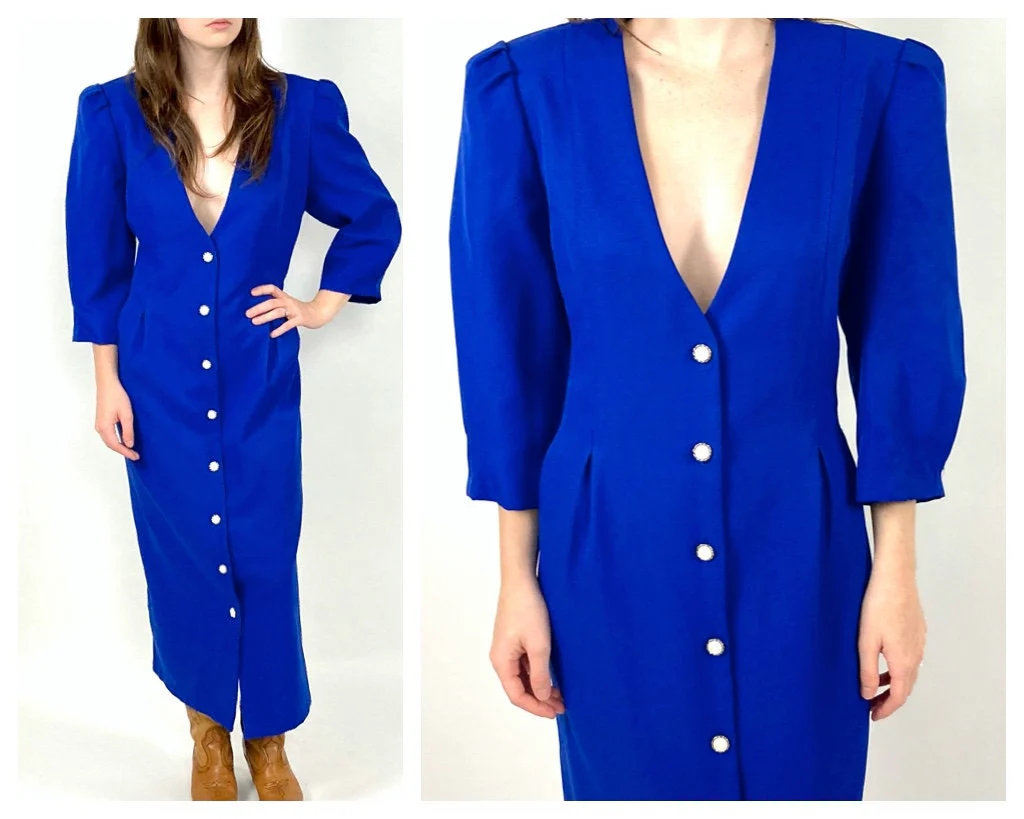 80s Blue Plunging Button Down Dress Puff Sleeve Maxi Dress Deep V Cocktail Long Sleeve Vintage Dress by Jenny - Image 2