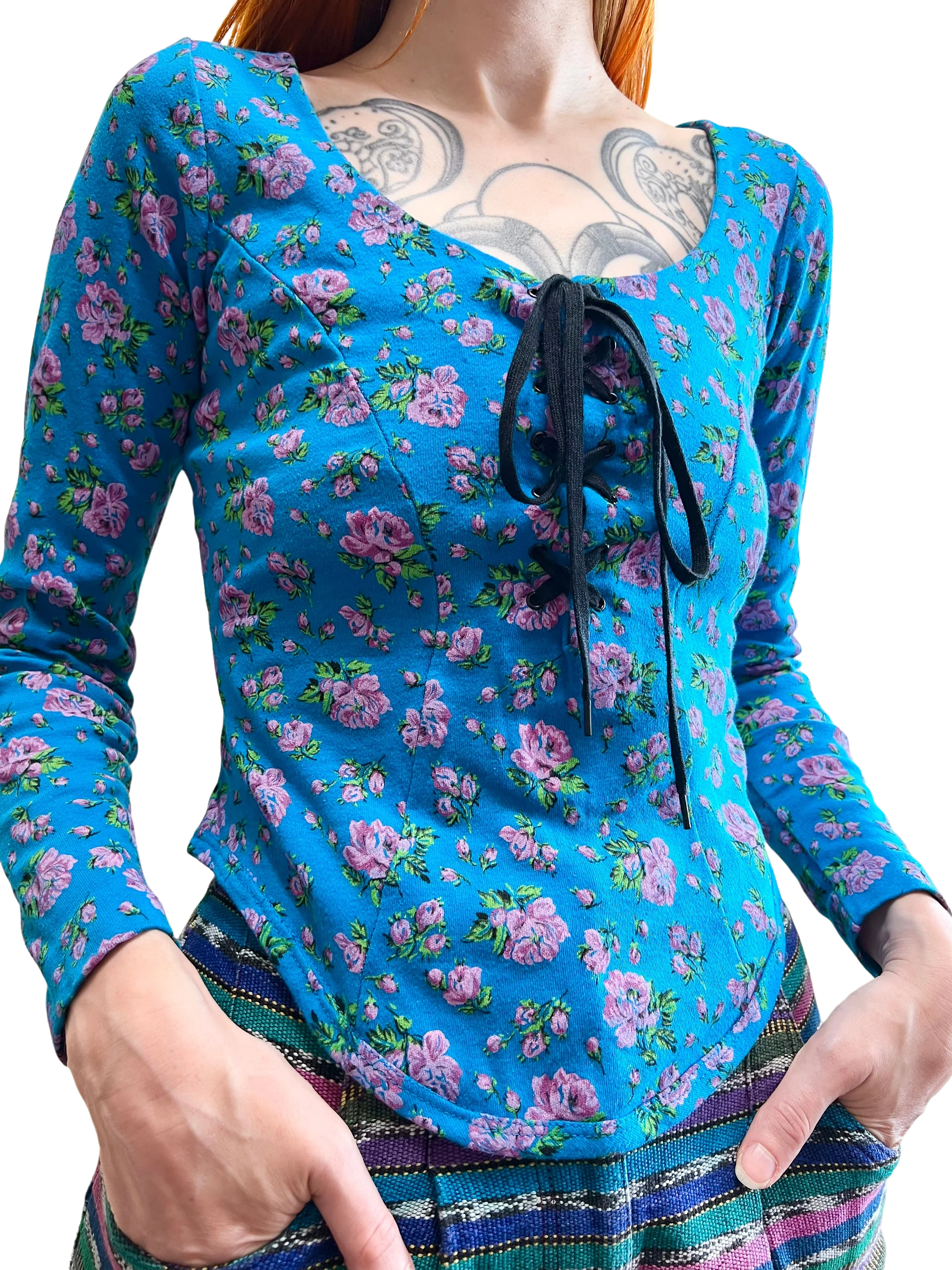 80s Blue Punk Label Lace Up Cotton Corset Top by Betsey Johnson