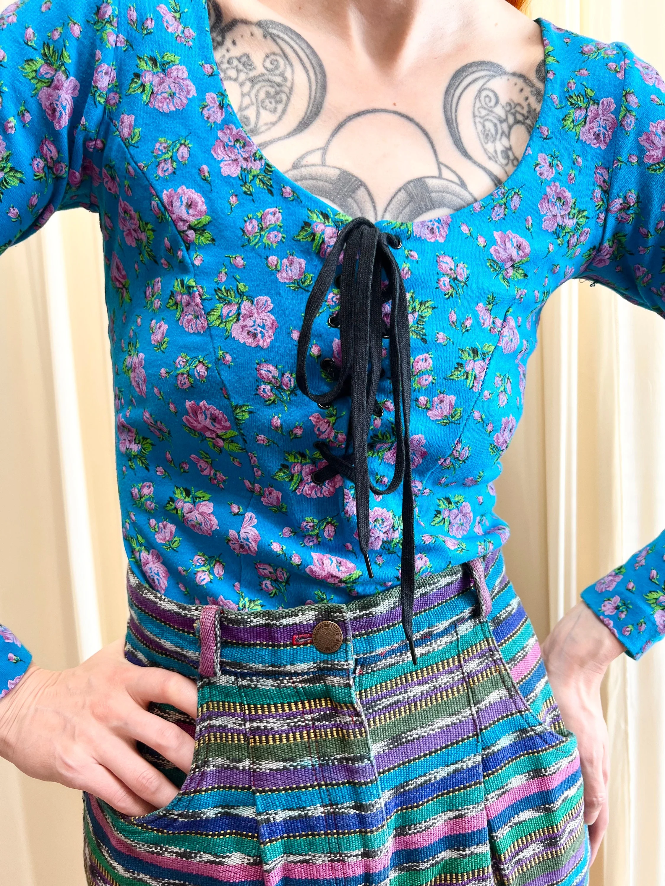 80s Blue Punk Label Lace Up Cotton Corset Top by Betsey Johnson - Image 10