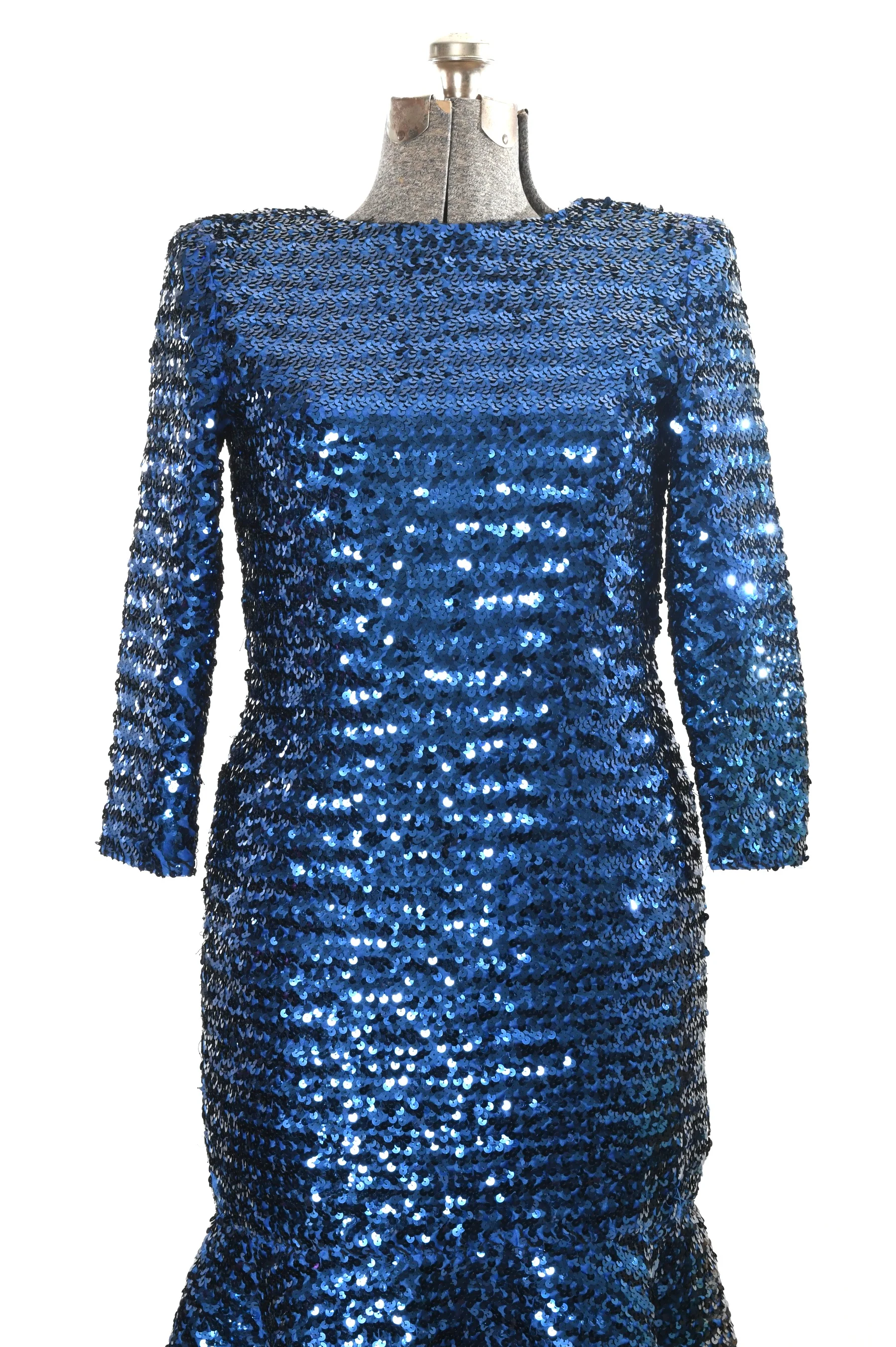 80s Blue Sequined Long Sleeve Wounded Mermaid Dress - Image 4