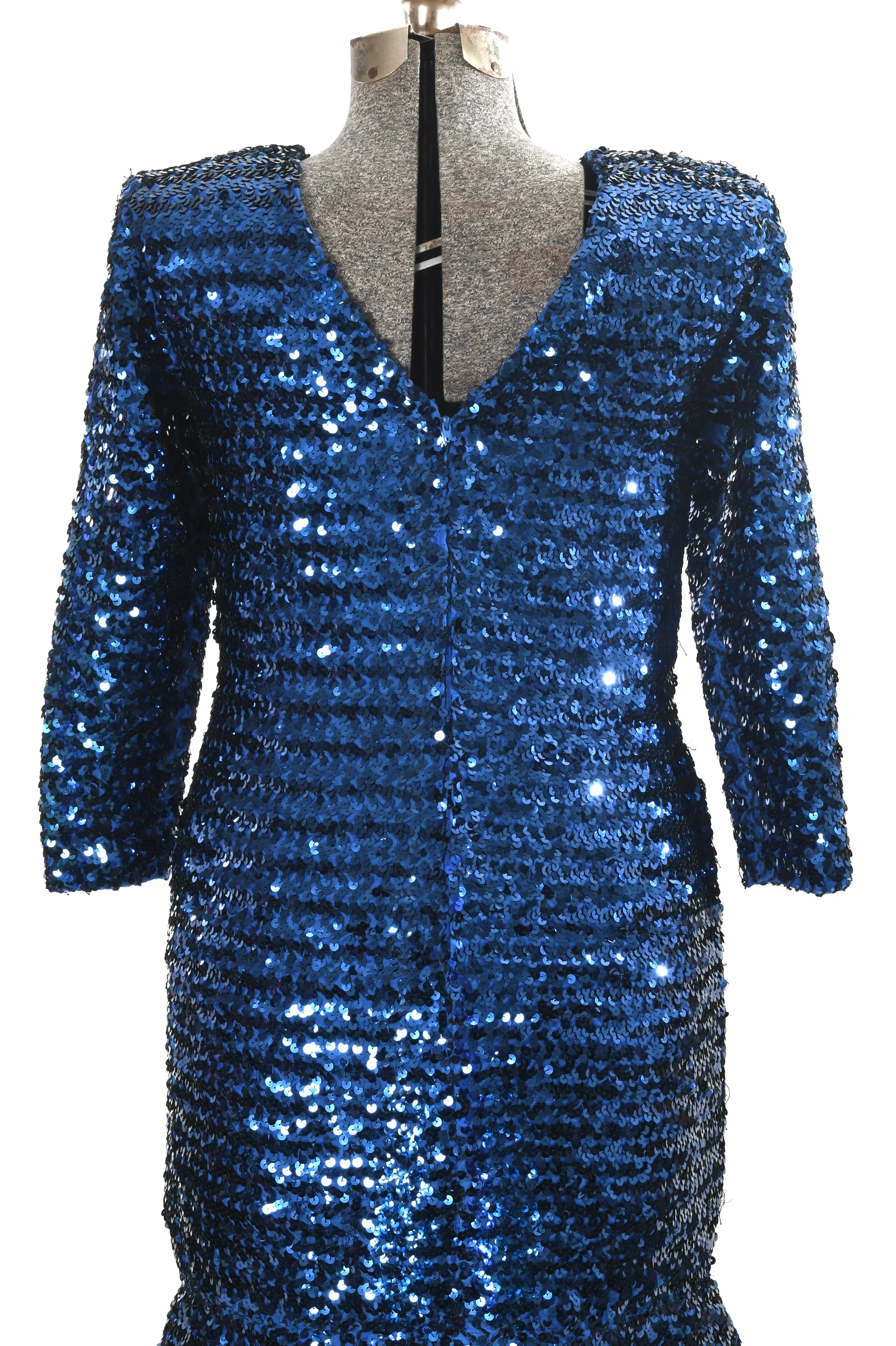 80s Blue Sequined Long Sleeve Wounded Mermaid Dress - Image 7