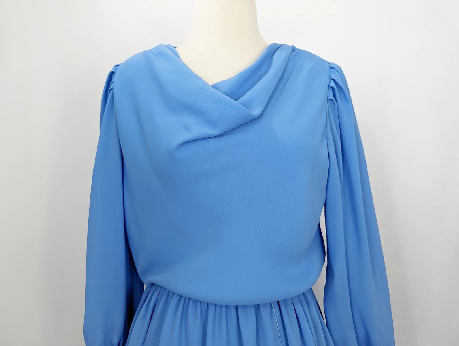80s Blue Sheer Draped Neckline Layered Skirt Dress By Leslie Fay - Image 3