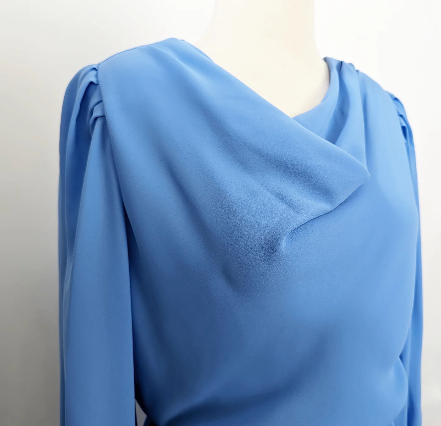 80s Blue Sheer Draped Neckline Layered Skirt Dress By Leslie Fay - Image 4