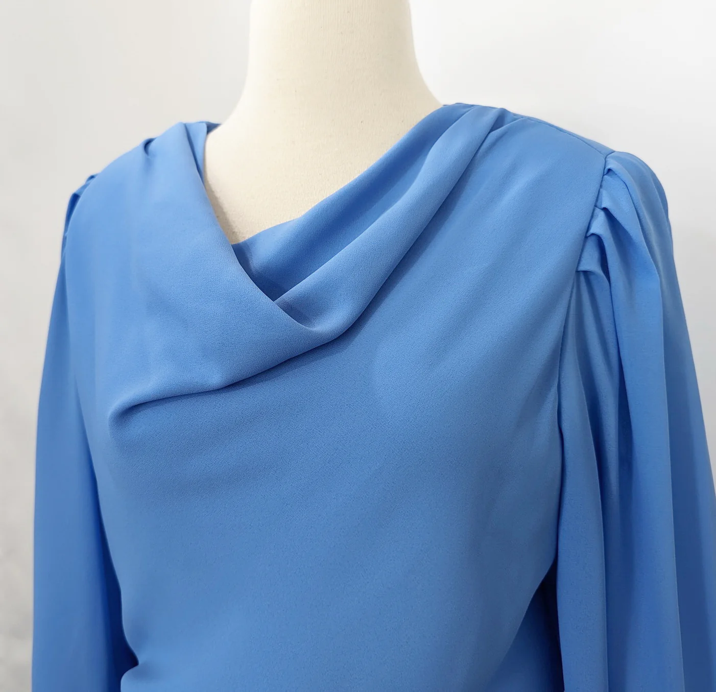 80s Blue Sheer Draped Neckline Layered Skirt Dress By Leslie Fay - Image 5