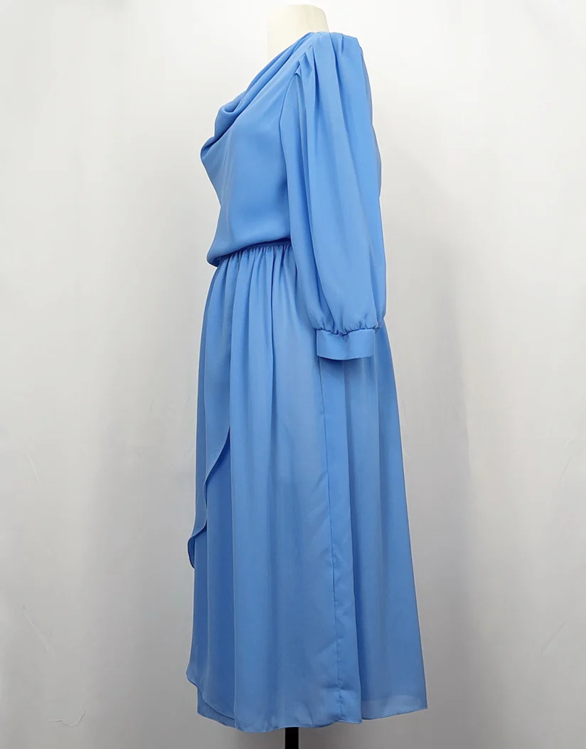 80s Blue Sheer Draped Neckline Layered Skirt Dress By Leslie Fay - Image 6