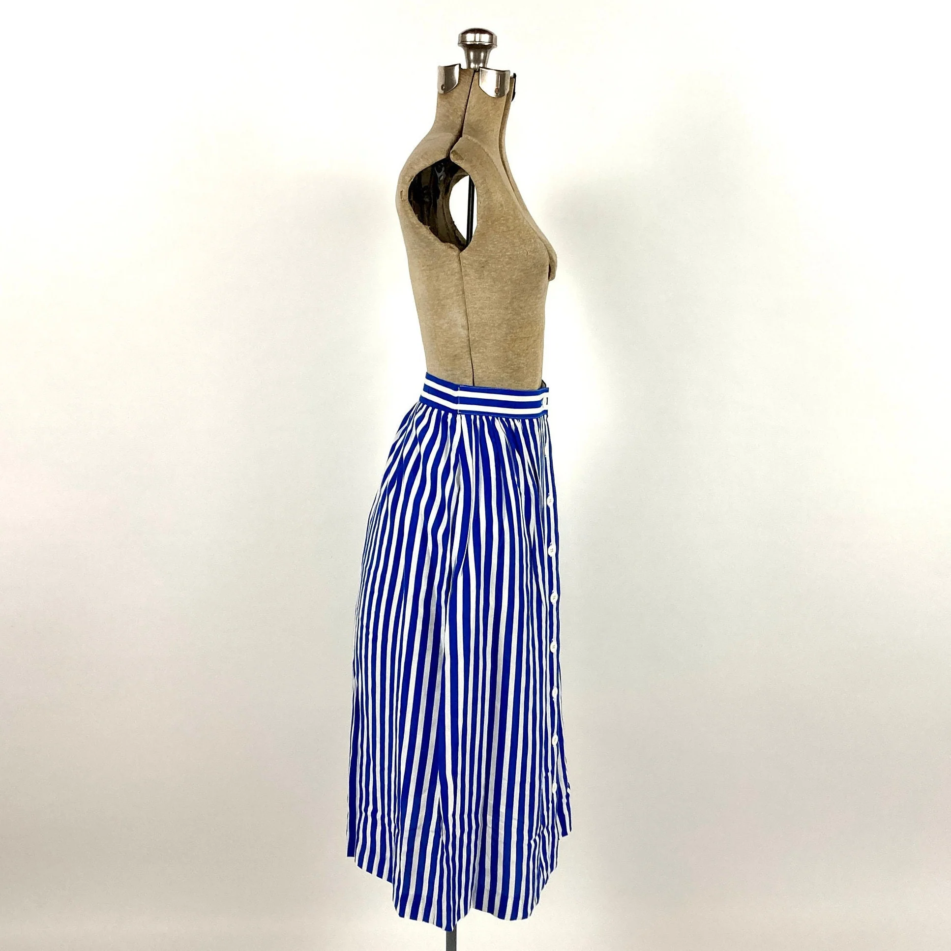 80s Blue Striped Skirt Semi Sheer White Skirt Button Down Midi Skirt Pocket Vintage Dress Skirt - Image 2