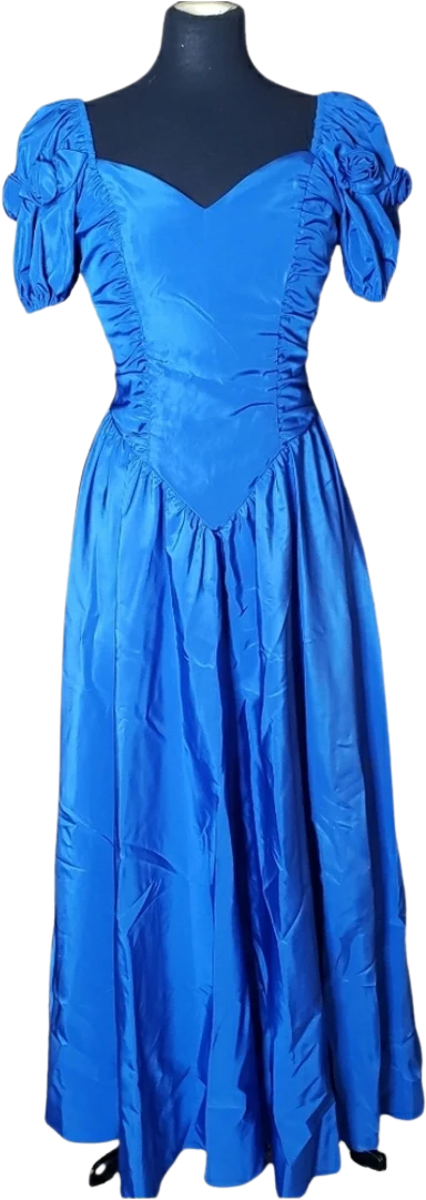 80s Blue Taffeta Puff Sleeve Prom Dress