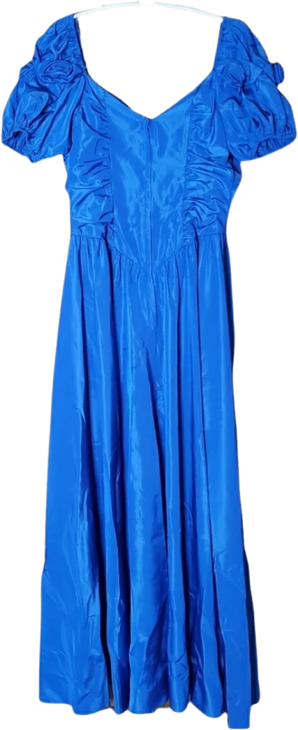 80s Blue Taffeta Puff Sleeve Prom Dress - Image 2