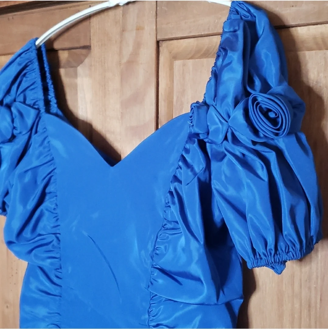 80s Blue Taffeta Puff Sleeve Prom Dress - Image 4