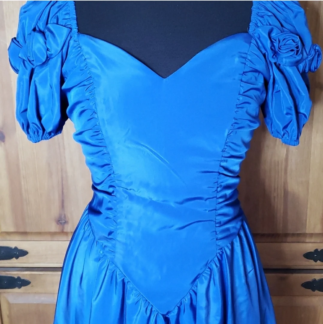 80s Blue Taffeta Puff Sleeve Prom Dress - Image 5
