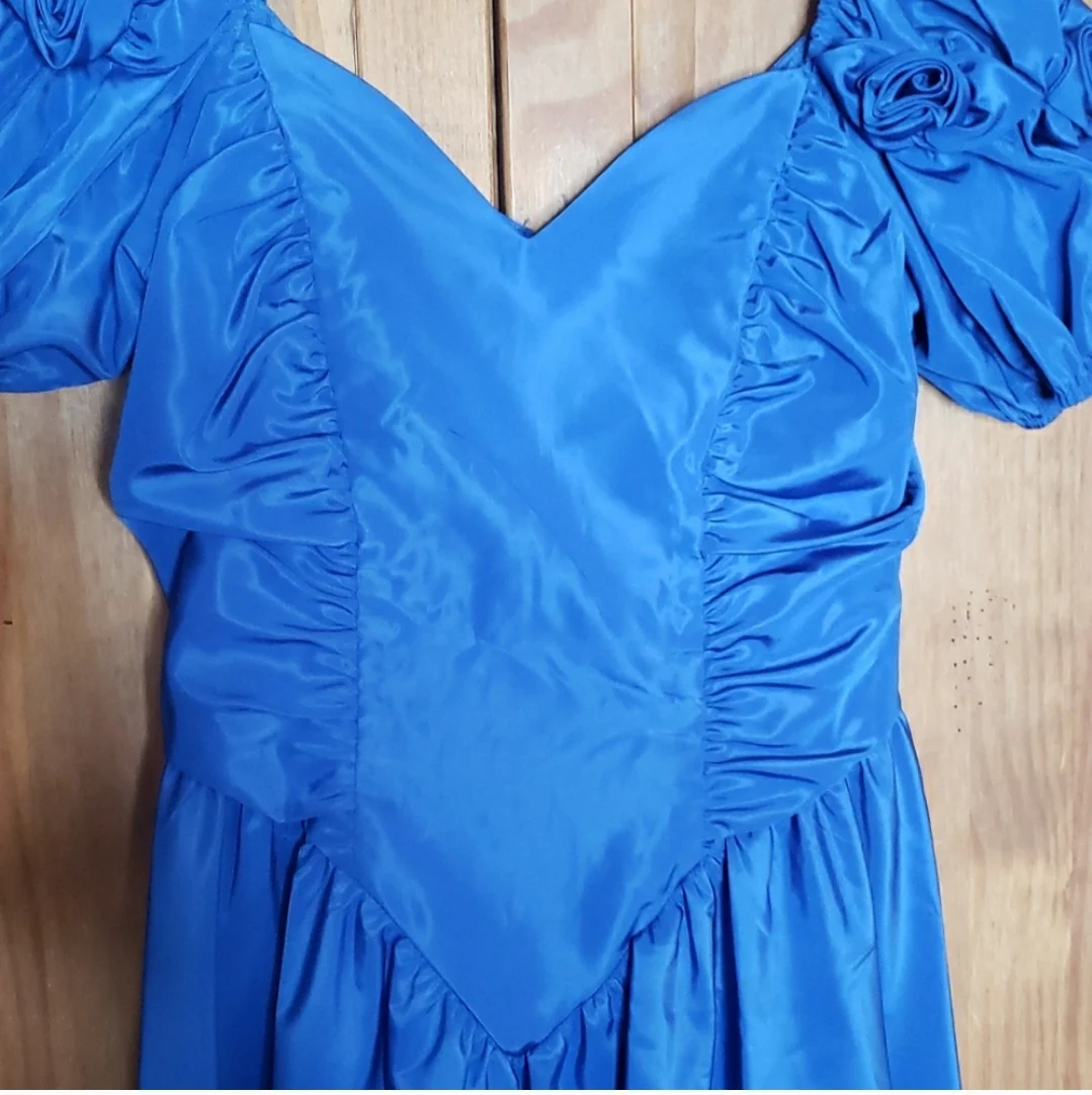 80s Blue Taffeta Puff Sleeve Prom Dress - Image 6