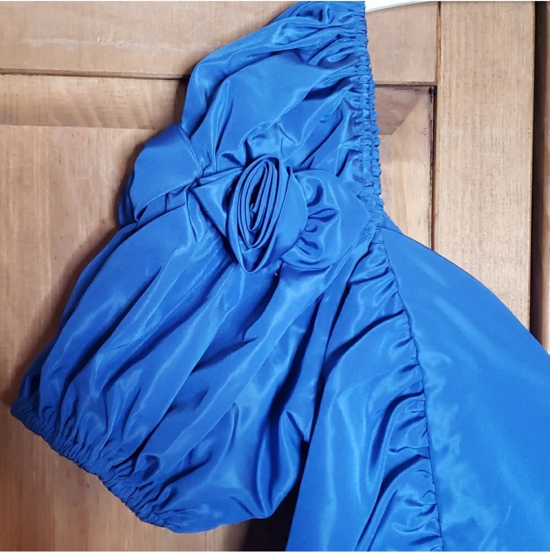80s Blue Taffeta Puff Sleeve Prom Dress - Image 7