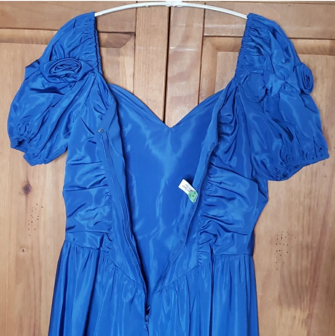 80s Blue Taffeta Puff Sleeve Prom Dress - Image 8