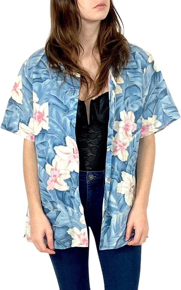 80s Blue Tropical Tropical Floral Top Print Bright White Pink Button Up Shirt Cotton Jungle Floral Vintage Party Cropped Dress Top