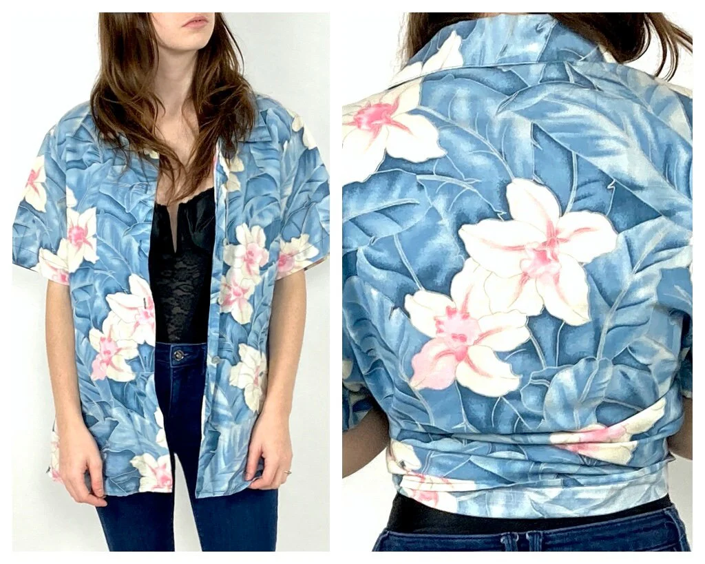 80s Blue Tropical Tropical Floral Top Print Bright White Pink Button Up Shirt Cotton Jungle Floral Vintage Party Cropped Dress Top - Image 2