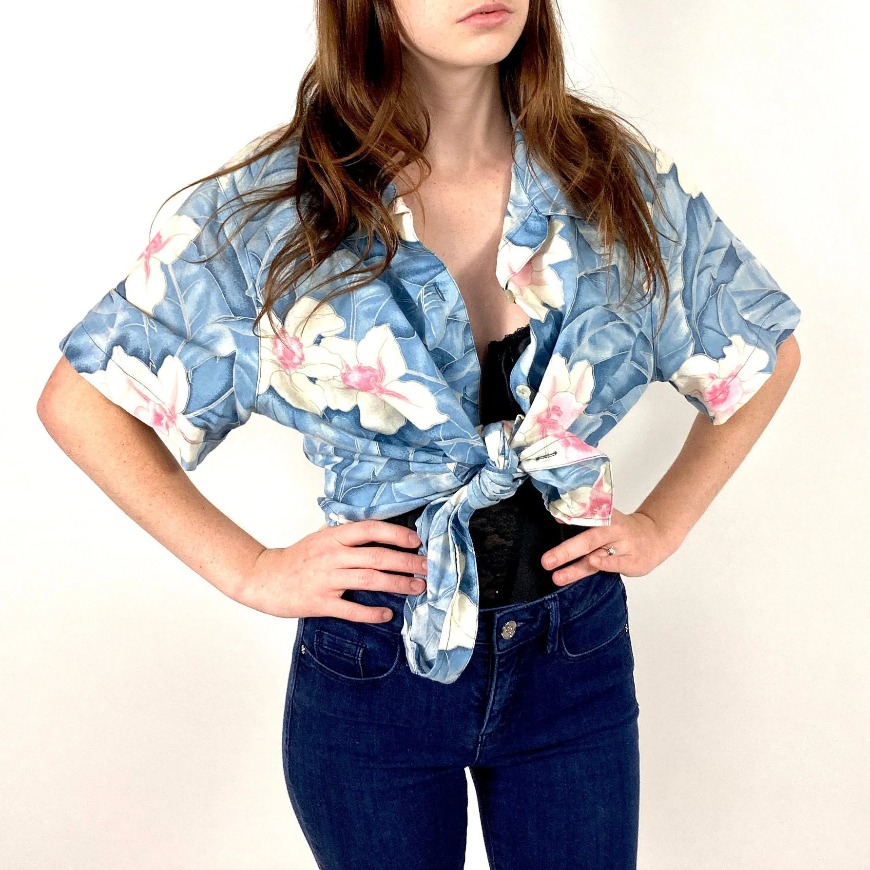 80s Blue Tropical Tropical Floral Top Print Bright White Pink Button Up Shirt Cotton Jungle Floral Vintage Party Cropped Dress Top - Image 3