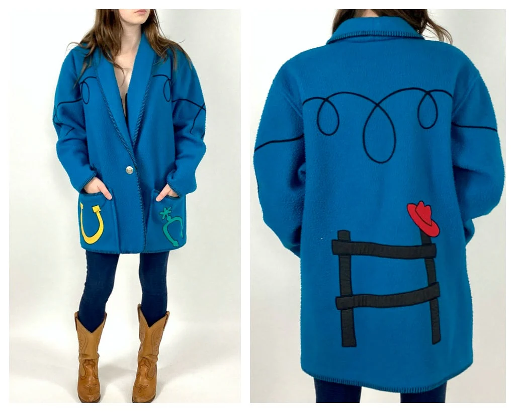 80s Blue Western Cardigan Jacket Cowboy Southwestern Shawl Collar Cotton Sweater Vintage Dress Sweater Jacket by Tanya - Image 2