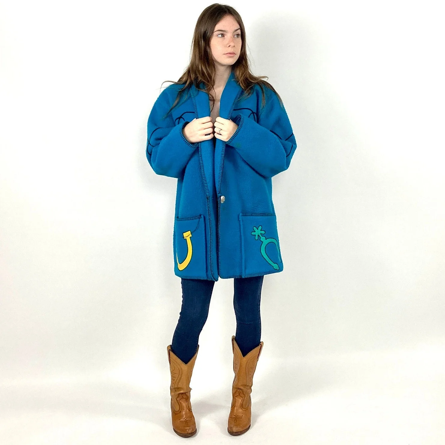 80s Blue Western Cardigan Jacket Cowboy Southwestern Shawl Collar Cotton Sweater Vintage Dress Sweater Jacket by Tanya - Image 3