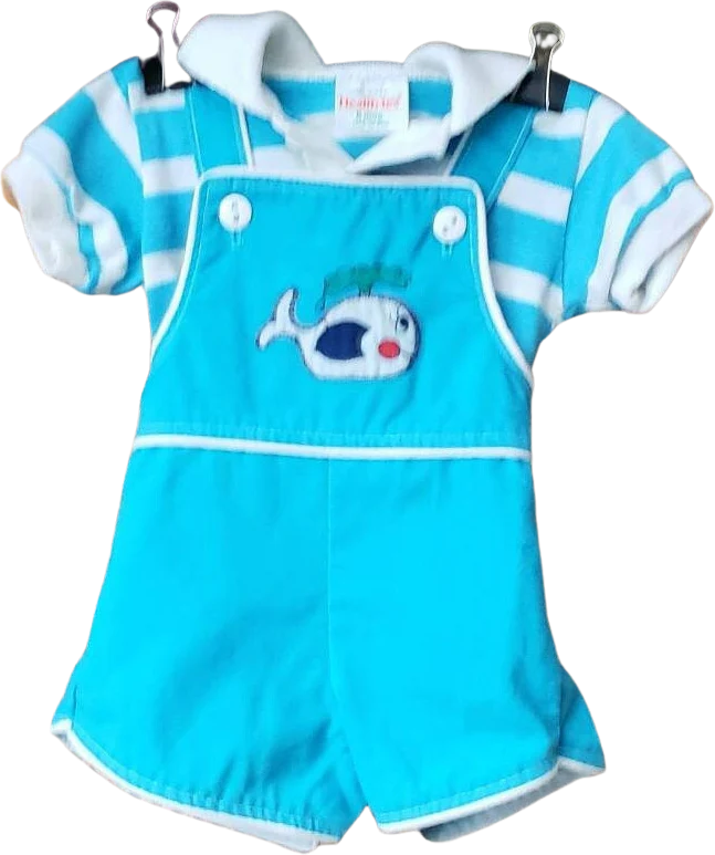 80s Blue Whale Overall Shorts and Striped Polo Shirt 6m by Healthtex