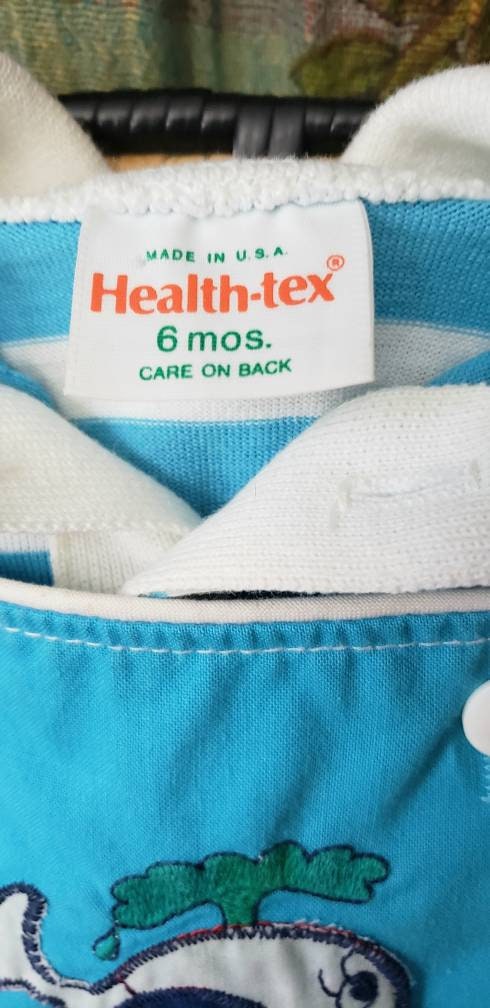 80s Blue Whale Overall Shorts and Striped Polo Shirt 6m by Healthtex - Image 6