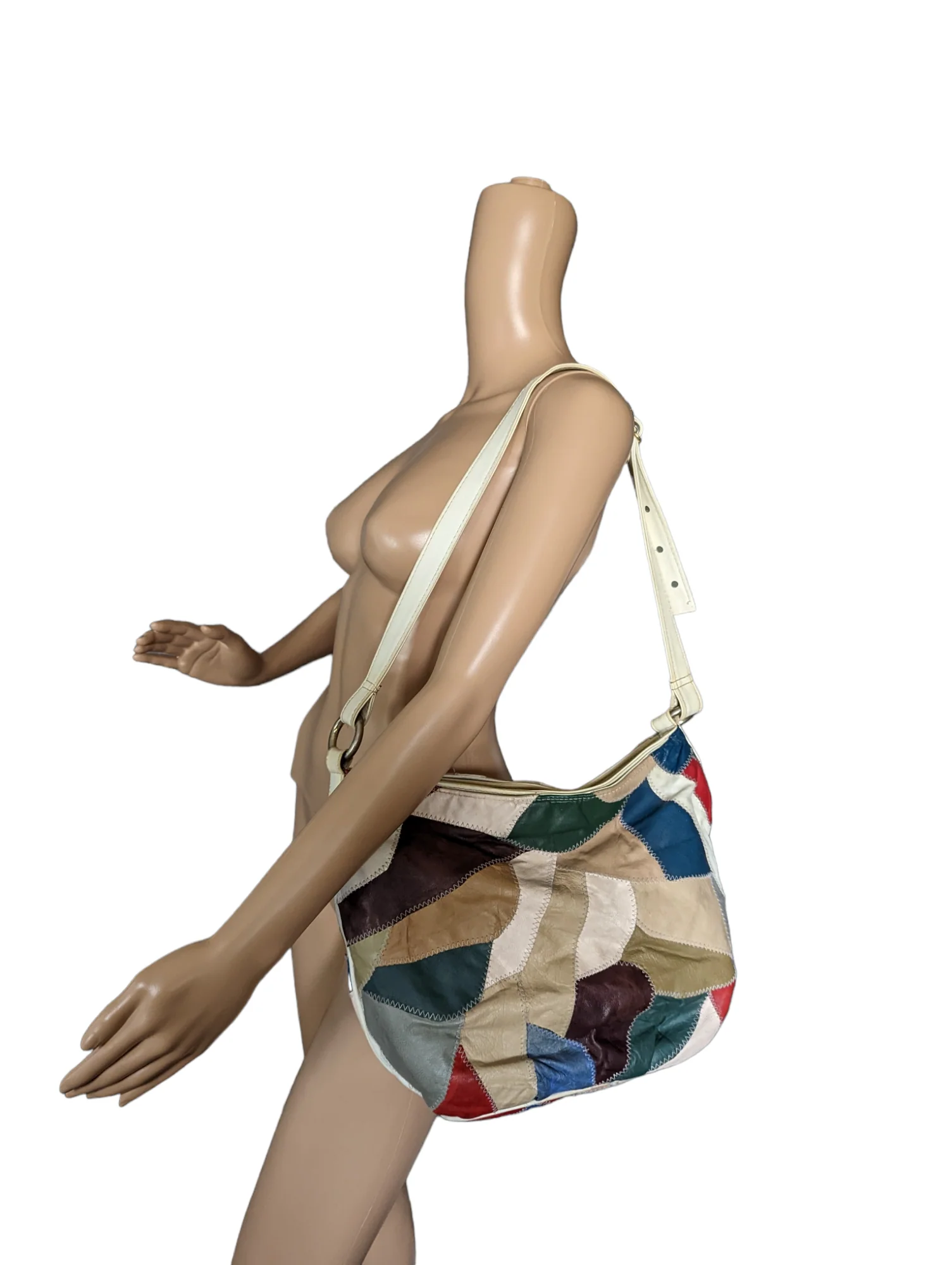 80s Boho Colorful Leather Patchwork Hobo Purse Bag - Image 3