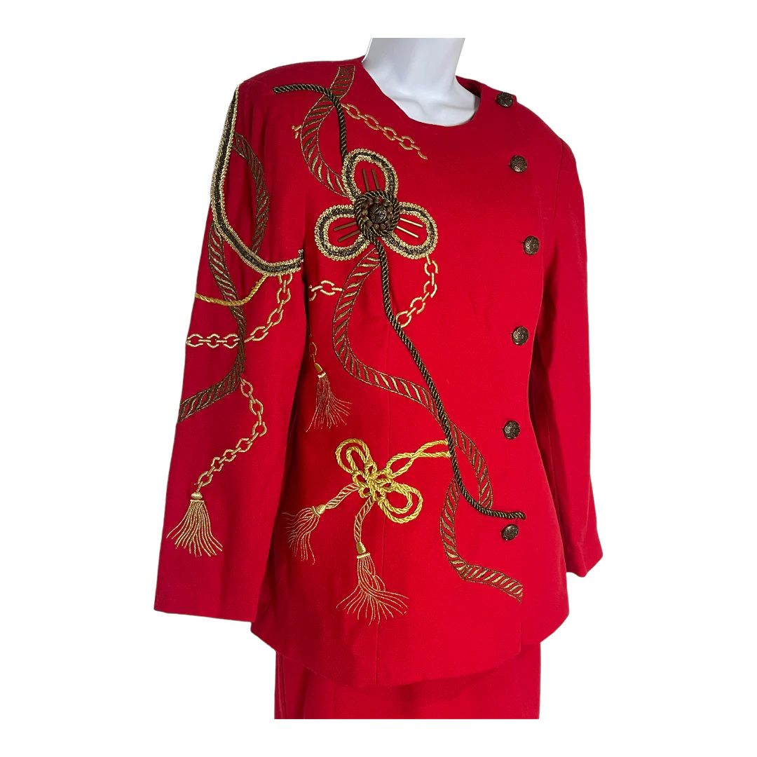 80s Bold Wool Rope Beaded Embroidered Chainlink Suit By Anne French - Image 3