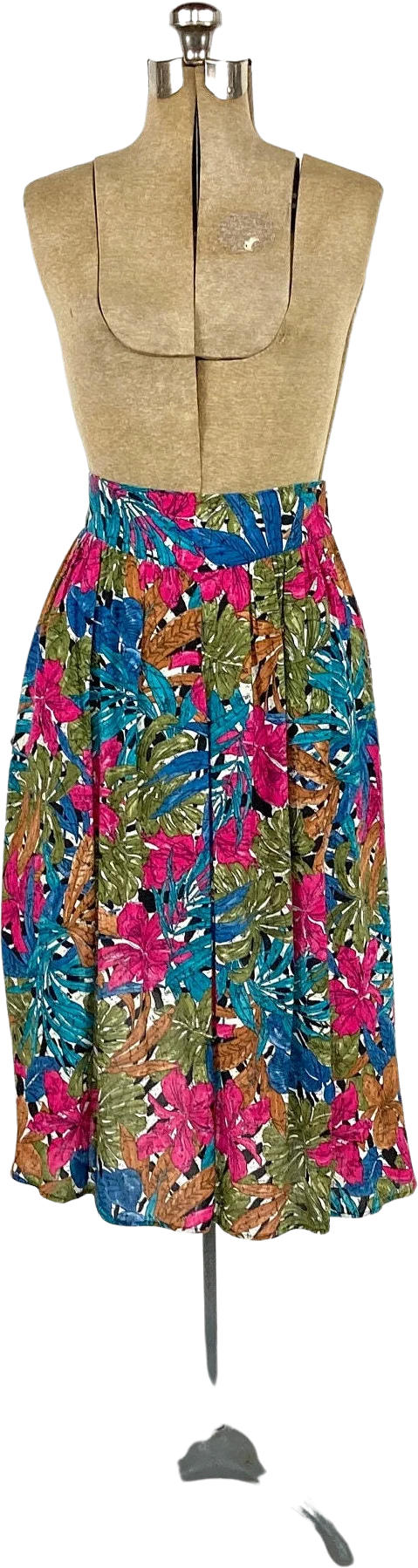 80s Bright Blue Floral Midi Skirt Pink Tropical Pleated Pocket Vintage Dress Skirt by A.k.f. New York