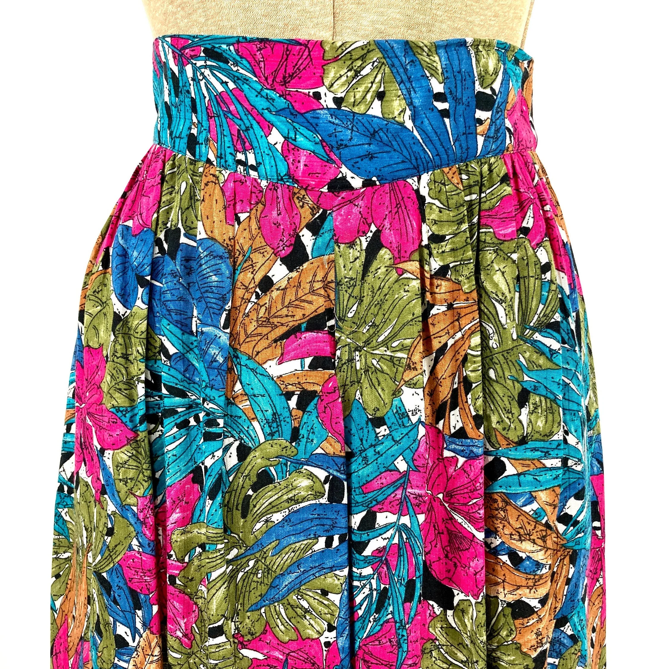 80s Bright Blue Floral Midi Skirt Pink Tropical Pleated Pocket Vintage Dress Skirt by A.k.f. New York - Image 2